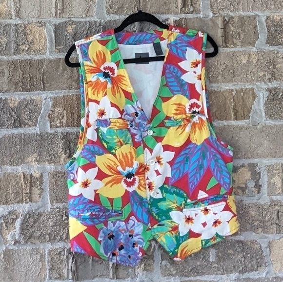 Vintage 80s Liz Wear Statement Floral Rayon Vest Pockets Medium - Picture 1 of 7
